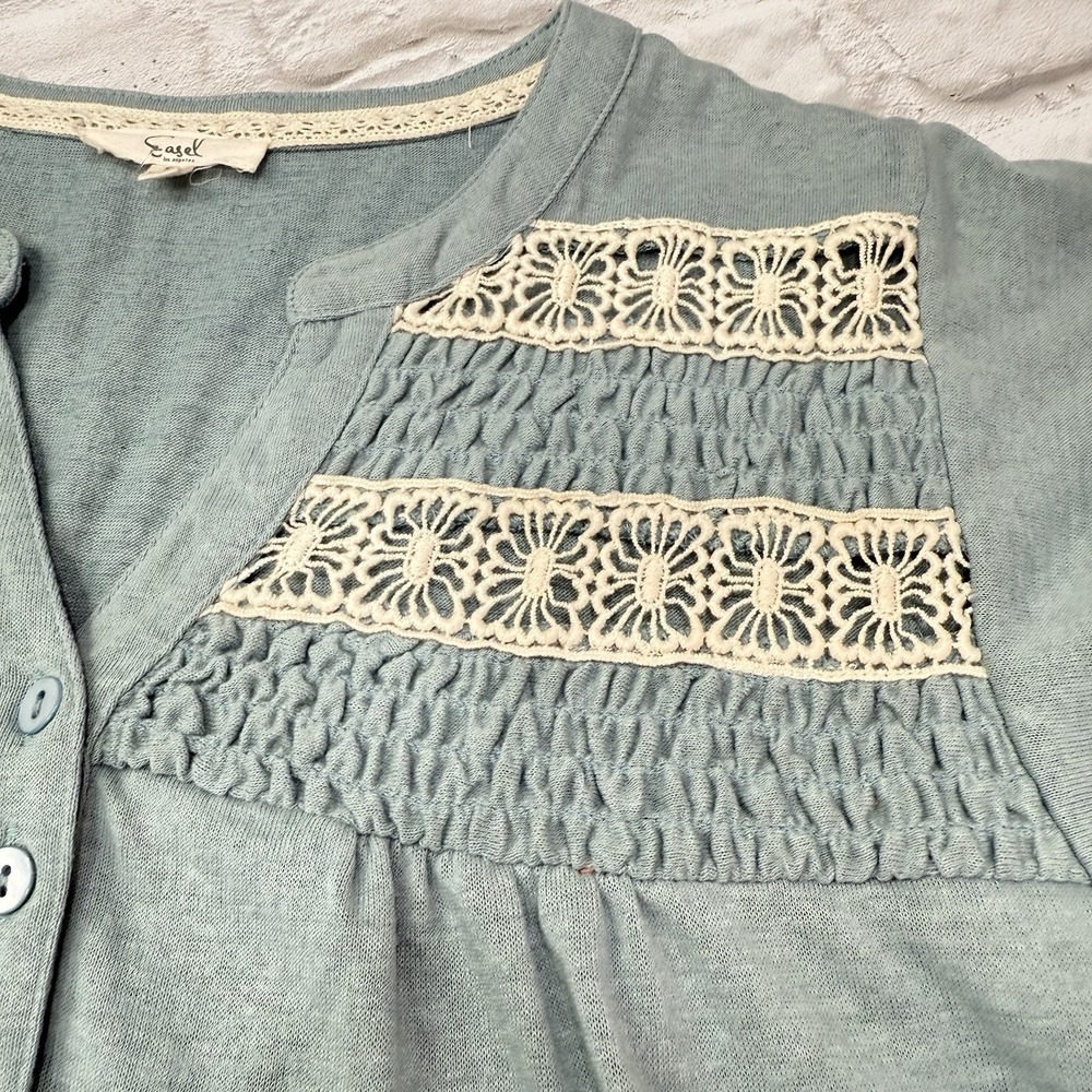 Bohemian Crochet Peasant Blouse Women's Sz S Hippy Cottage Core Ruched Lace Top - Picture 12 of 13